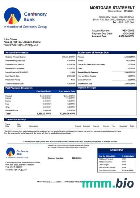 Malawi Bank Stulecia Malawi wyciąg z kredytu hipotecznego szablon Word i PDF